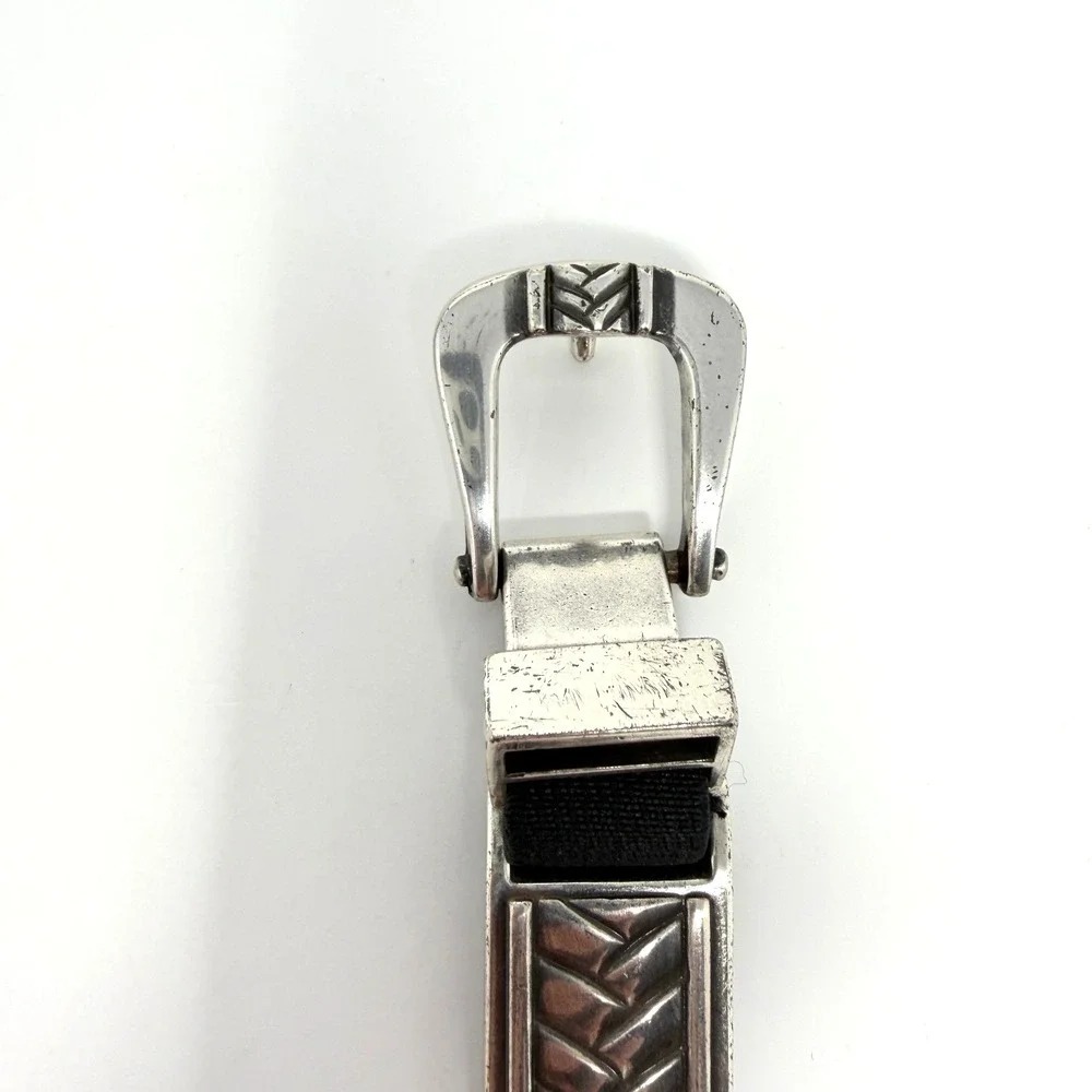 Chico's Large Elastic Stretch Belt Black Silver Tone Metal Size L‎